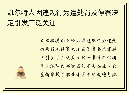 凯尔特人因违规行为遭处罚及停赛决定引发广泛关注