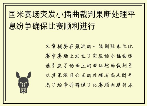 国米赛场突发小插曲裁判果断处理平息纷争确保比赛顺利进行