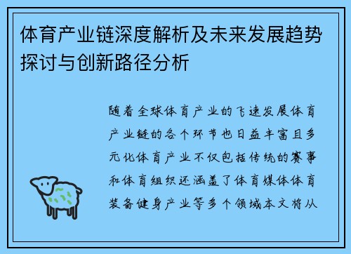 体育产业链深度解析及未来发展趋势探讨与创新路径分析