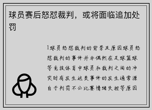 球员赛后怒怼裁判，或将面临追加处罚