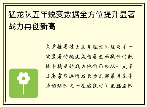猛龙队五年蜕变数据全方位提升显著战力再创新高